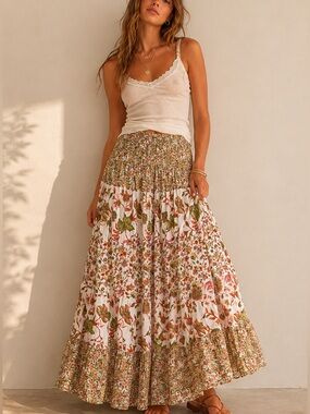 Vintage Henna 100% Cotton Floral Boho Prairie Maxi Skirt Tiered Cottagecore